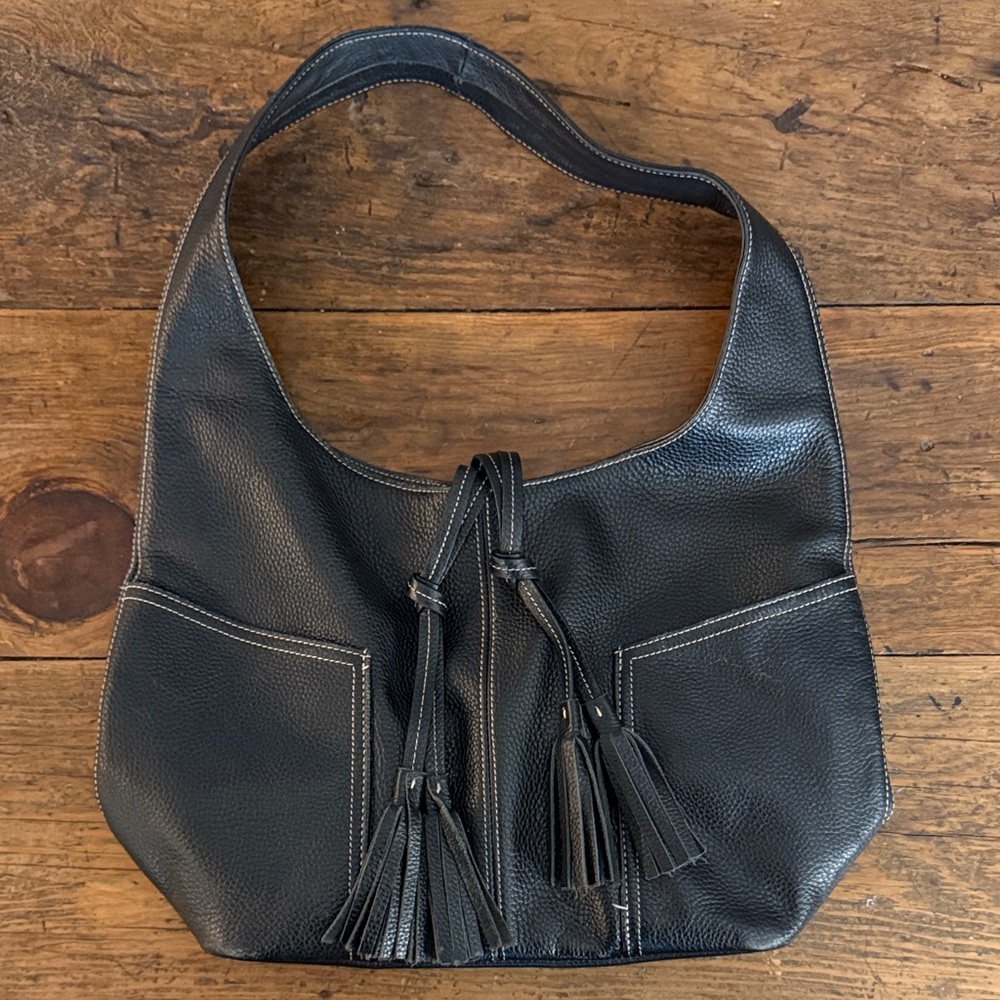 Laggo Black Pebbled Leather Tassle Hobo Bag 15x11x5